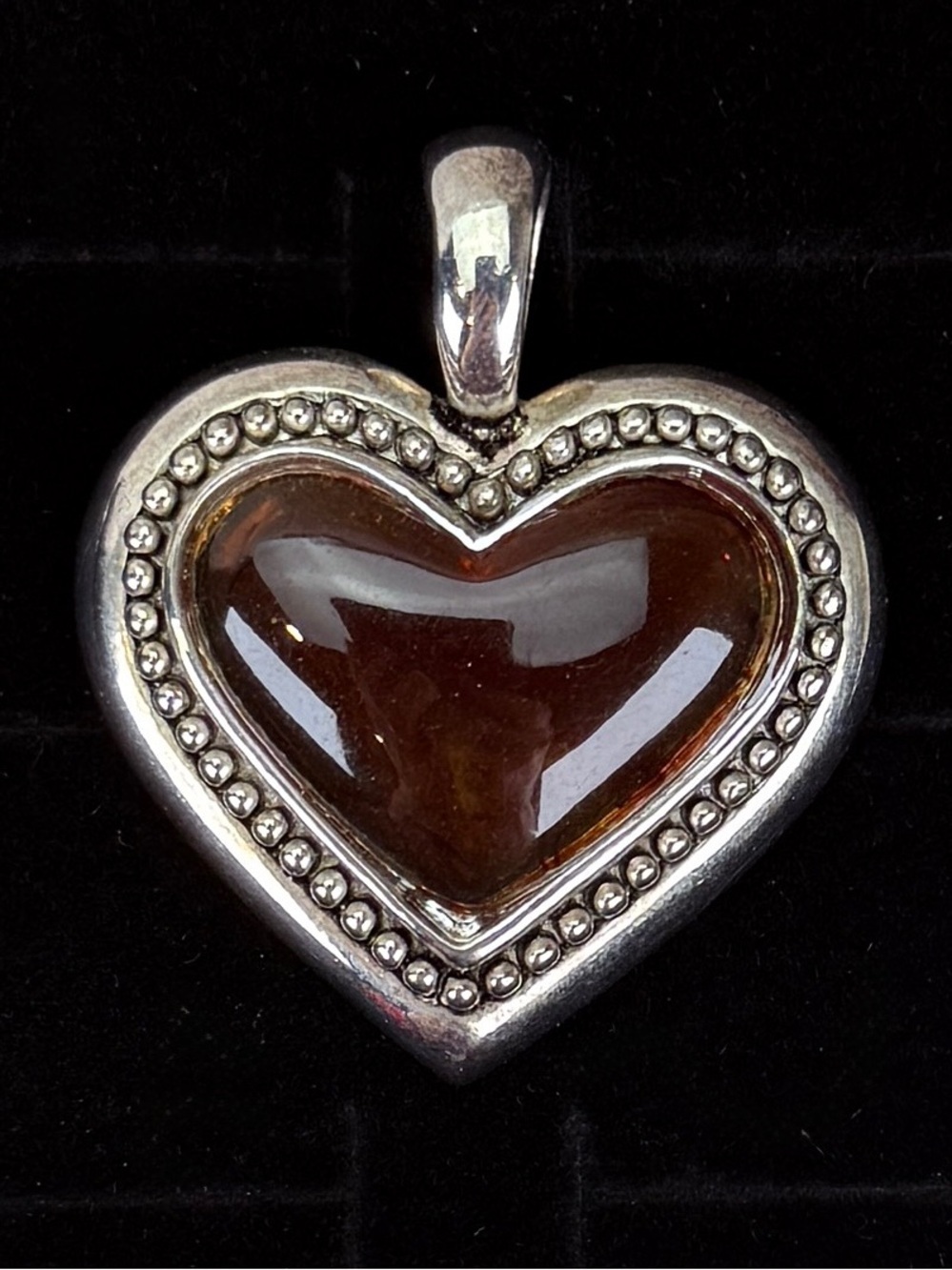 Silvertone weighted Amber tone vintage heart pendant + Free 16” Cord Necklace